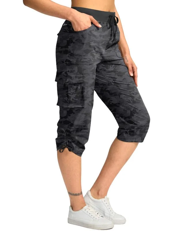Women's Cargo Capri Pants, Black Camo