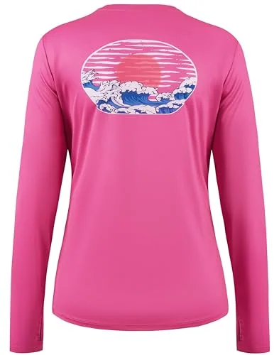 Women's Long-Sleeve Rash Guard, Rose Blue Waves