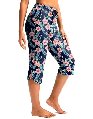 Women's Swim Capris, Navy Flower